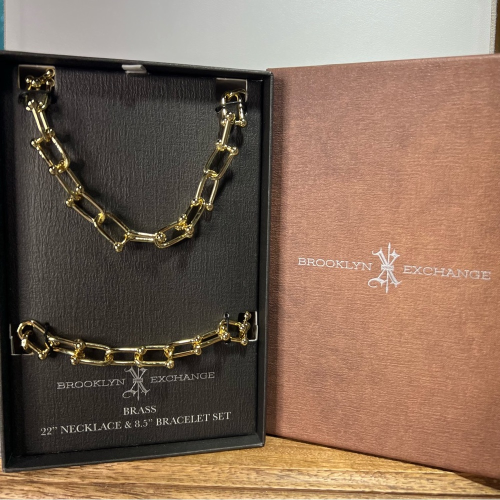 Brooklyn Exchange Brass 22” Necklace and 8.5” Bracelet Set Gold Tone